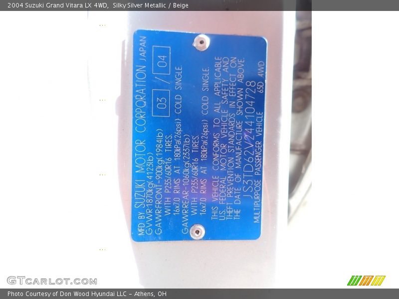 Silky Silver Metallic / Beige 2004 Suzuki Grand Vitara LX 4WD