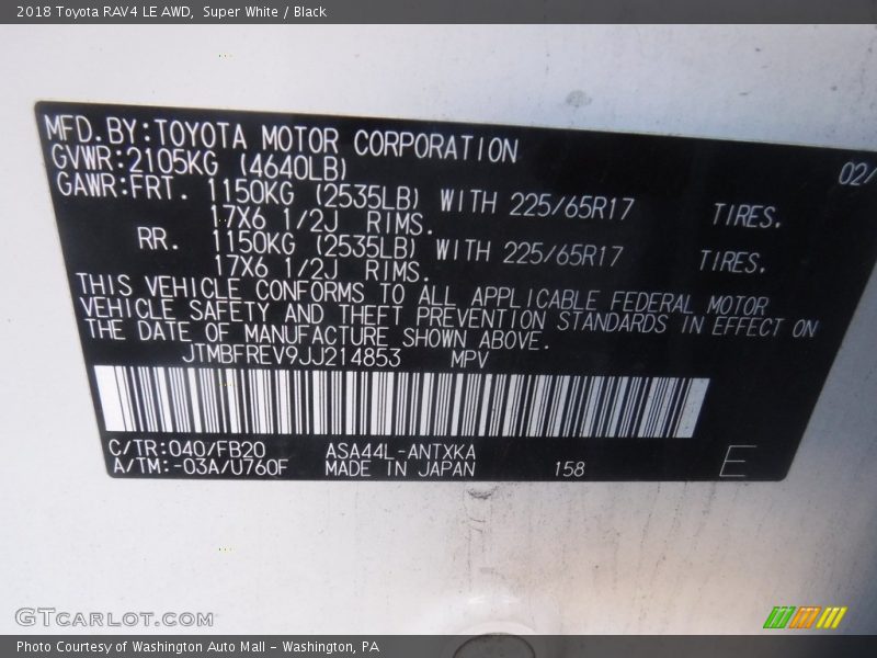 2018 RAV4 LE AWD Super White Color Code 040