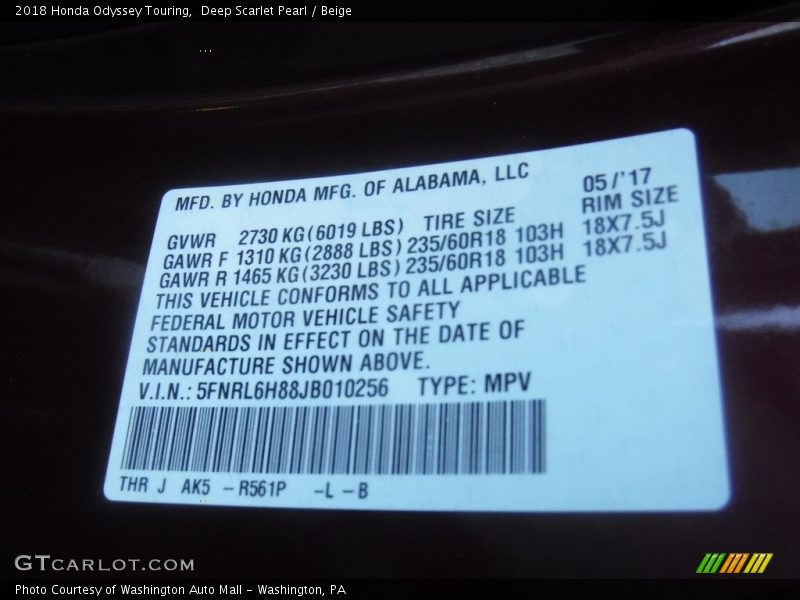 Deep Scarlet Pearl / Beige 2018 Honda Odyssey Touring