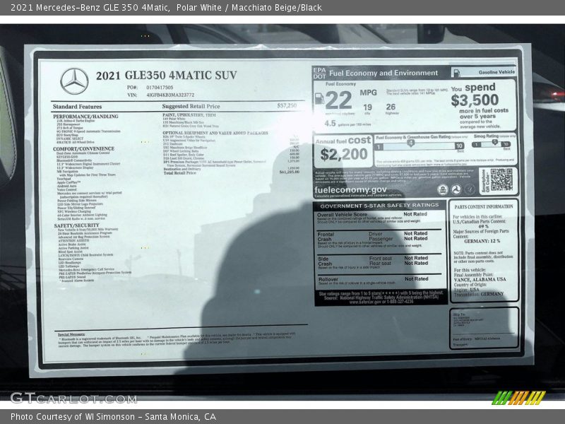  2021 GLE 350 4Matic Window Sticker