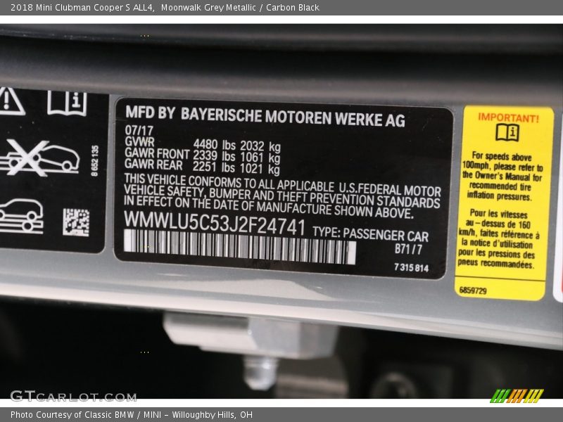 Moonwalk Grey Metallic / Carbon Black 2018 Mini Clubman Cooper S ALL4