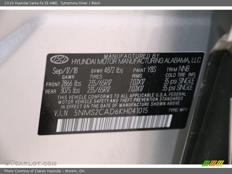 Symphony Silver / Black 2019 Hyundai Santa Fe SE AWD