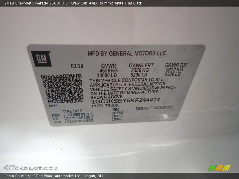 Summit White / Jet Black 2019 Chevrolet Silverado 2500HD LT Crew Cab 4WD