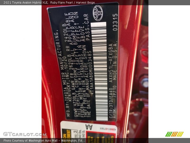2021 Avalon Hybrid XLE Ruby Flare Pearl Color Code 3T3