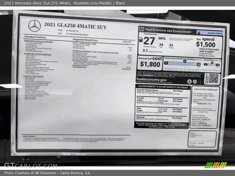  2021 GLA 250 4Matic Window Sticker