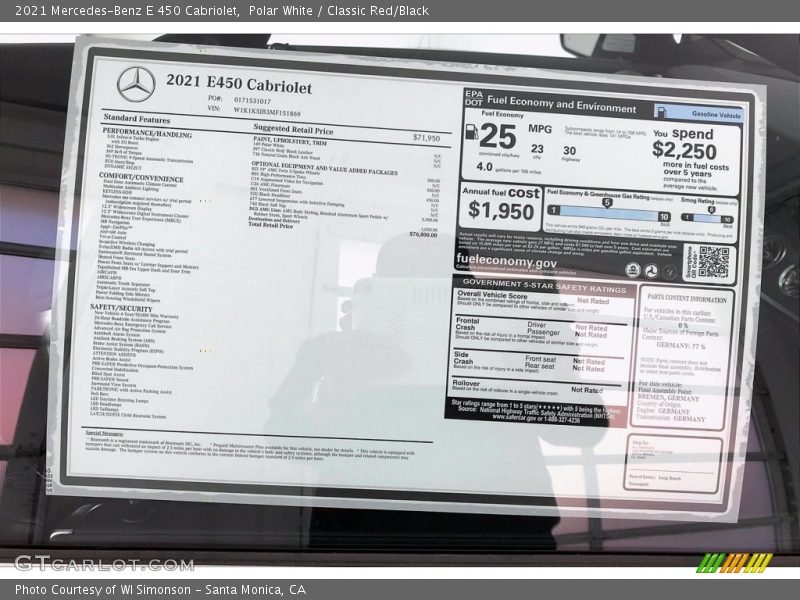  2021 E 450 Cabriolet Window Sticker