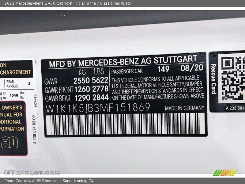 2021 E 450 Cabriolet Polar White Color Code 149