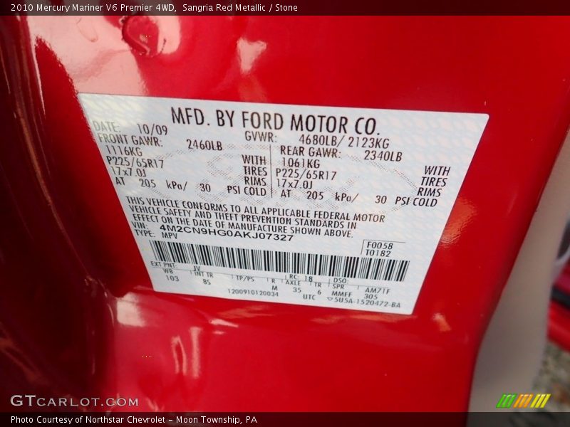 2010 Mariner V6 Premier 4WD Sangria Red Metallic Color Code JV