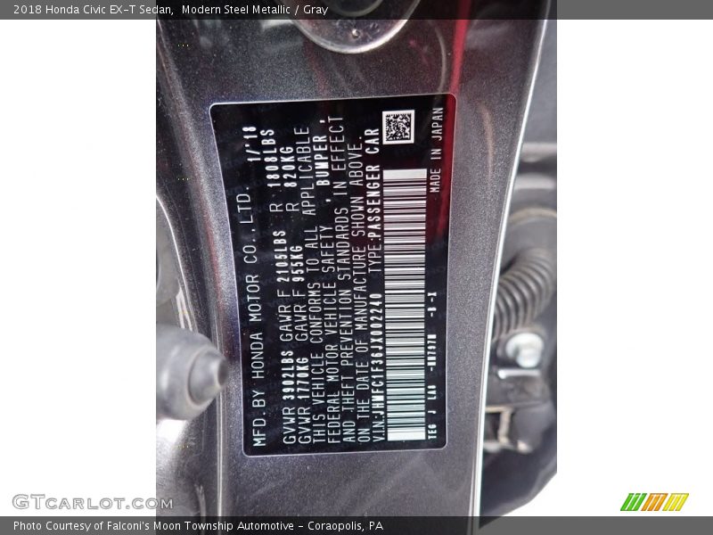 Modern Steel Metallic / Gray 2018 Honda Civic EX-T Sedan