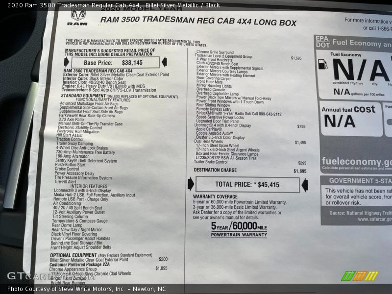  2020 3500 Tradesman Regular Cab 4x4 Window Sticker