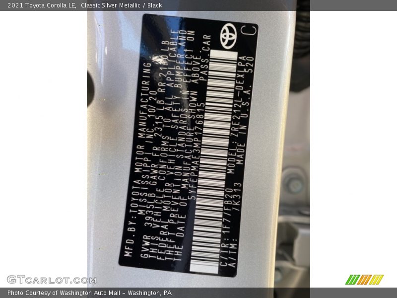 2021 Corolla LE Classic Silver Metallic Color Code 1F7