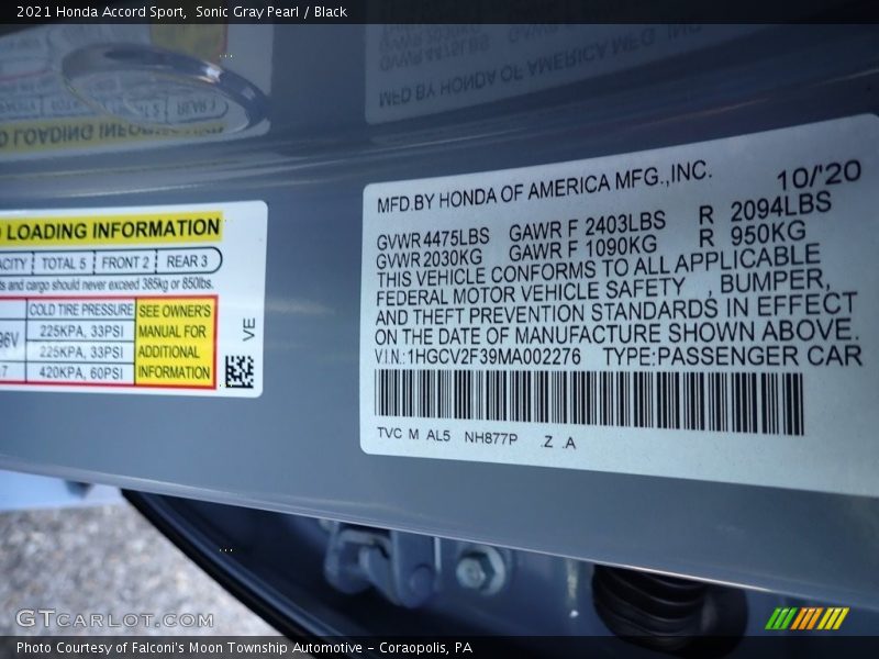 2021 Accord Sport Sonic Gray Pearl Color Code NH877P