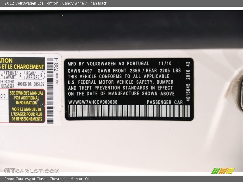 Candy White / Titan Black 2012 Volkswagen Eos Komfort