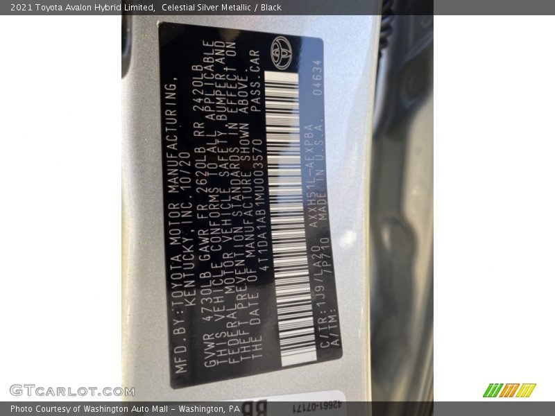 2021 Avalon Hybrid Limited Celestial Silver Metallic Color Code 1J9