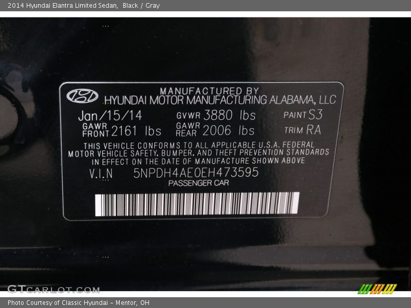 Black / Gray 2014 Hyundai Elantra Limited Sedan