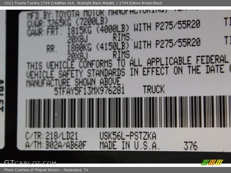 2021 Tundra 1794 CrewMax 4x4 Midnight Black Metallic Color Code 218