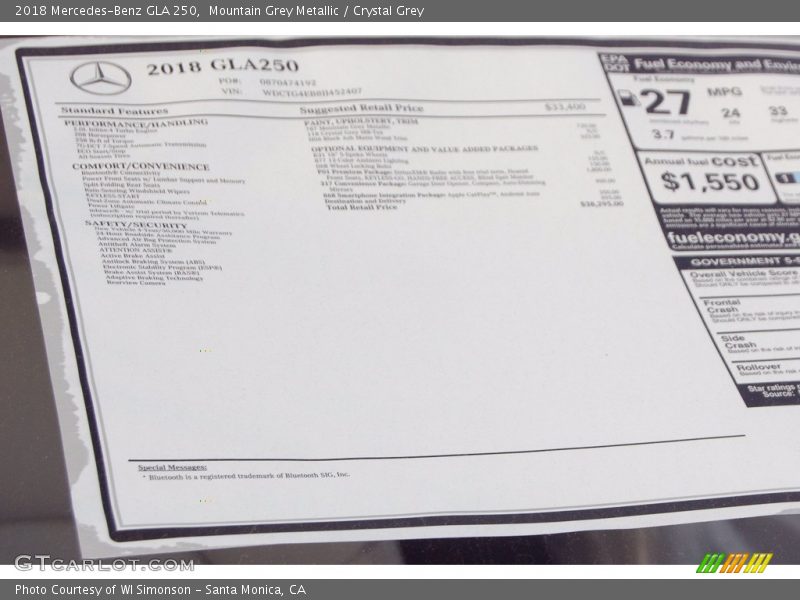 Mountain Grey Metallic / Crystal Grey 2018 Mercedes-Benz GLA 250