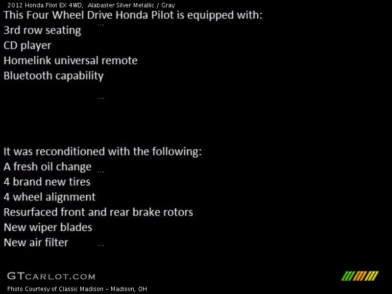 Alabaster Silver Metallic / Gray 2012 Honda Pilot EX 4WD