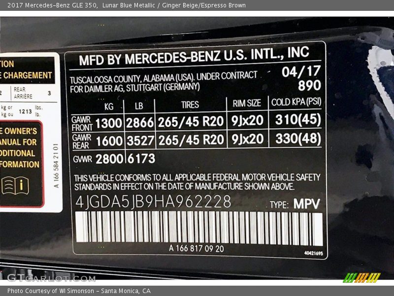 Lunar Blue Metallic / Ginger Beige/Espresso Brown 2017 Mercedes-Benz GLE 350
