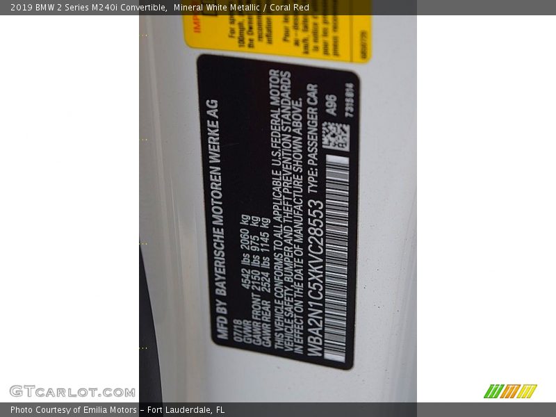 2019 2 Series M240i Convertible Mineral White Metallic Color Code A96