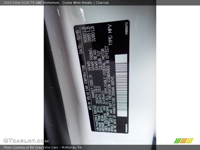 Crystal White Metallic / Charcoal 2020 Volvo XC90 T6 AWD Momentum