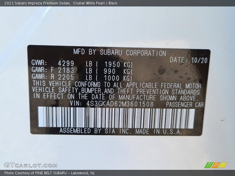 Crystal White Pearl / Black 2021 Subaru Impreza Premium Sedan