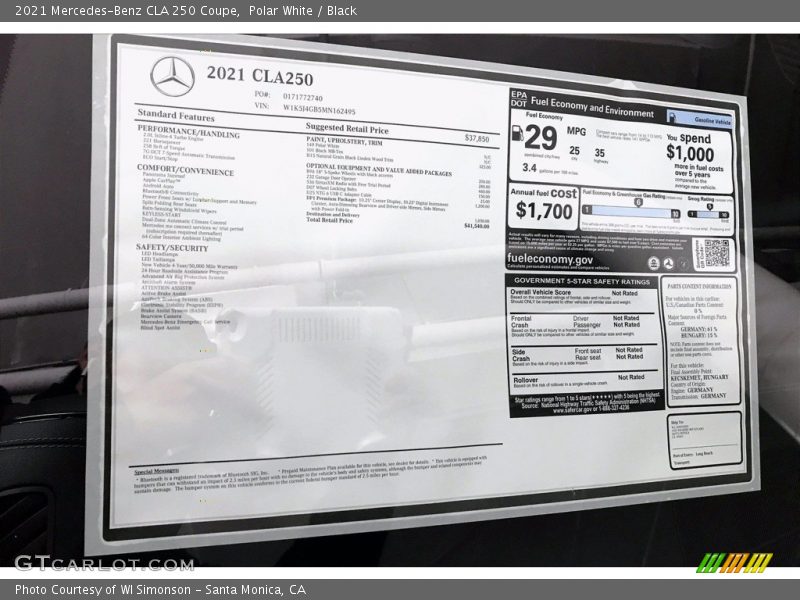  2021 CLA 250 Coupe Window Sticker