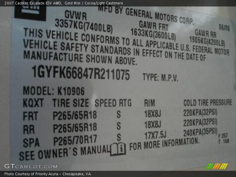 Gold Mist / Cocoa/Light Cashmere 2007 Cadillac Escalade ESV AWD