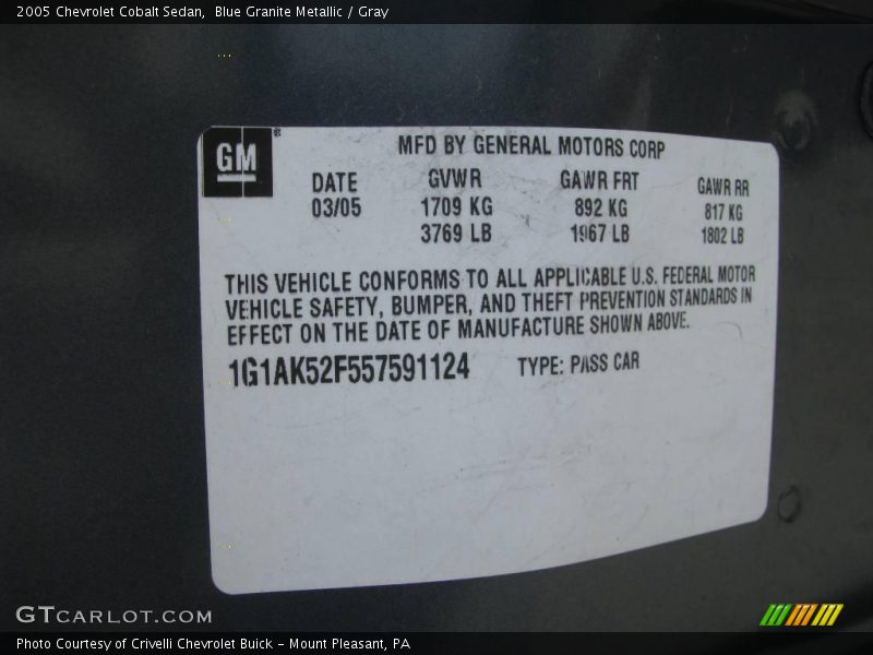 Blue Granite Metallic / Gray 2005 Chevrolet Cobalt Sedan