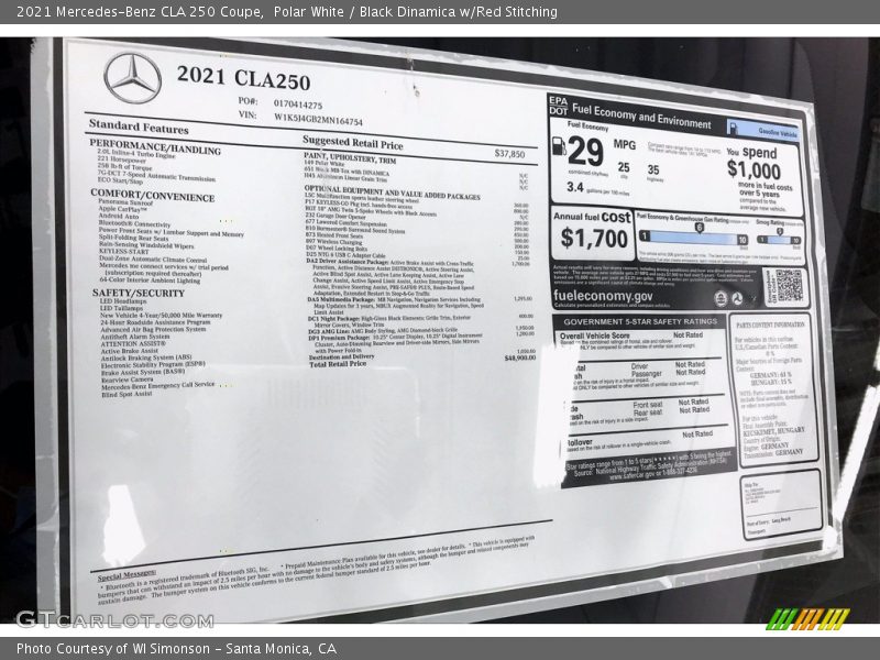  2021 CLA 250 Coupe Window Sticker