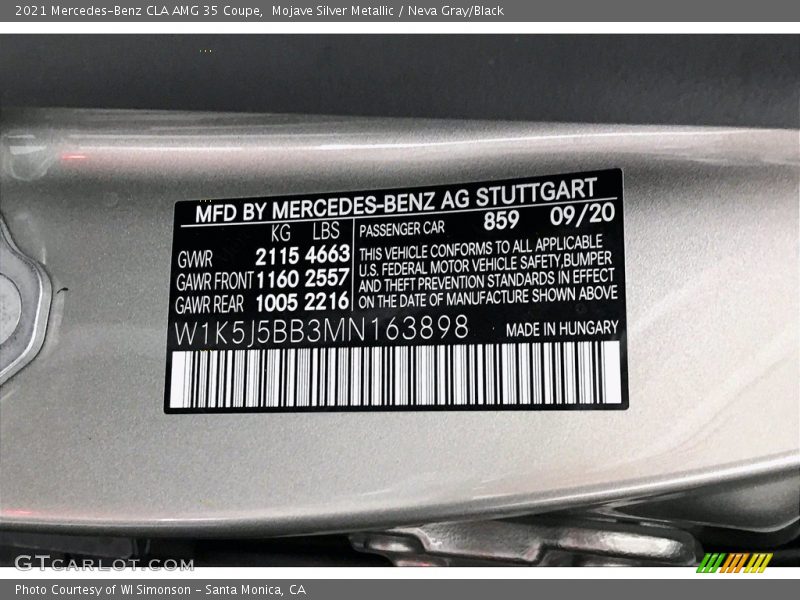 2021 CLA AMG 35 Coupe Mojave Silver Metallic Color Code 859
