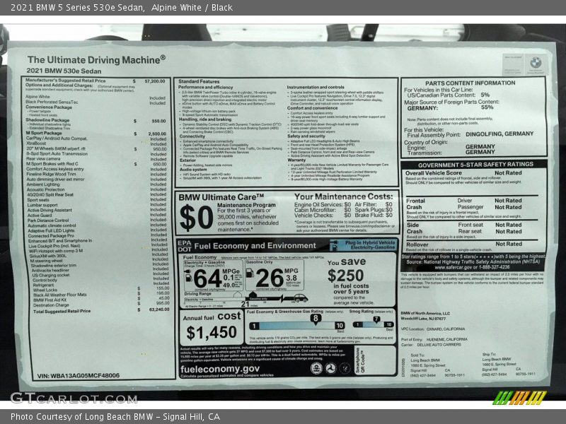  2021 5 Series 530e Sedan Window Sticker