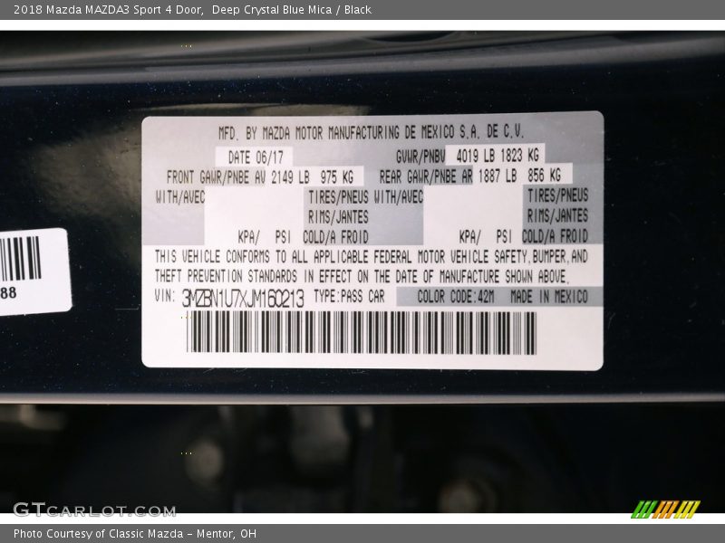 Deep Crystal Blue Mica / Black 2018 Mazda MAZDA3 Sport 4 Door
