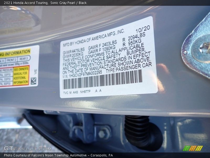 2021 Accord Touring Sonic Gray Pearl Color Code NH877P