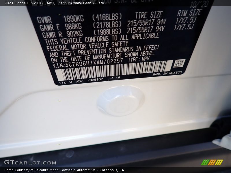 2021 HR-V EX-L AWD Platinum White Pearl Color Code NH883P