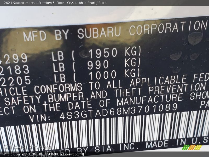 Crystal White Pearl / Black 2021 Subaru Impreza Premium 5-Door