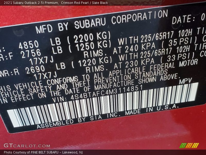 Crimson Red Pearl / Slate Black 2021 Subaru Outback 2.5i Premium