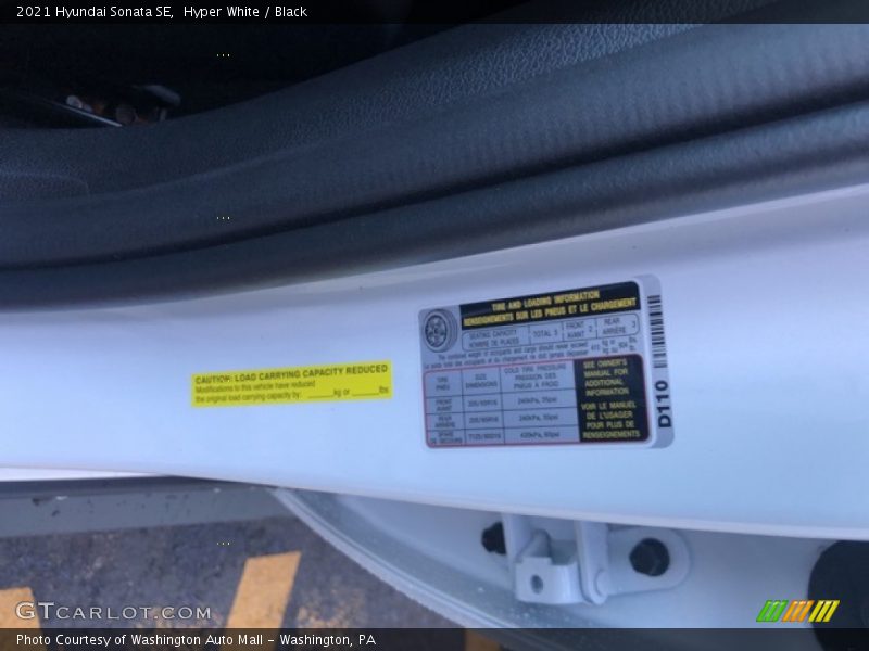 Hyper White / Black 2021 Hyundai Sonata SE