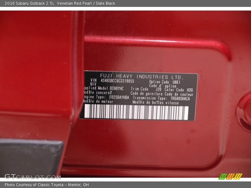 2016 Outback 2.5i Venetian Red Pearl Color Code H2Q
