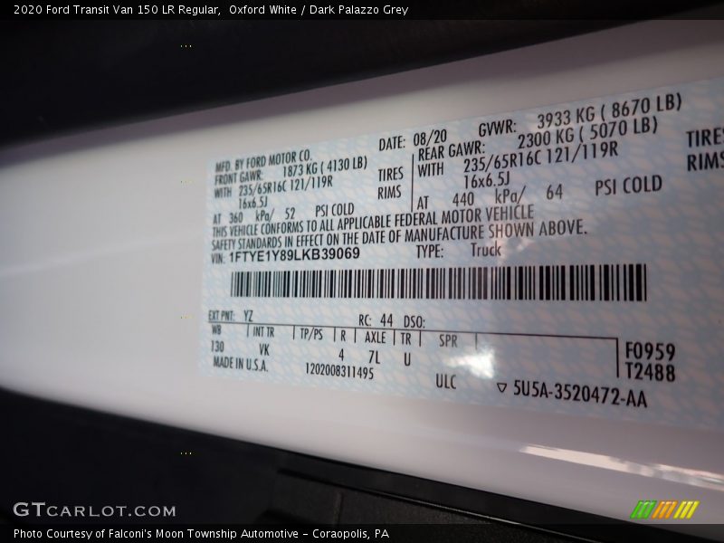 Oxford White / Dark Palazzo Grey 2020 Ford Transit Van 150 LR Regular