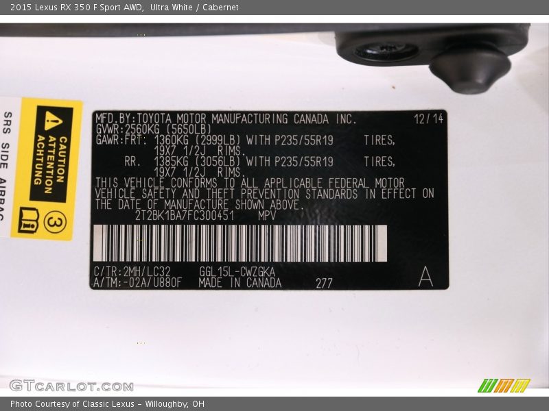 2015 RX 350 F Sport AWD Ultra White Color Code 2MH