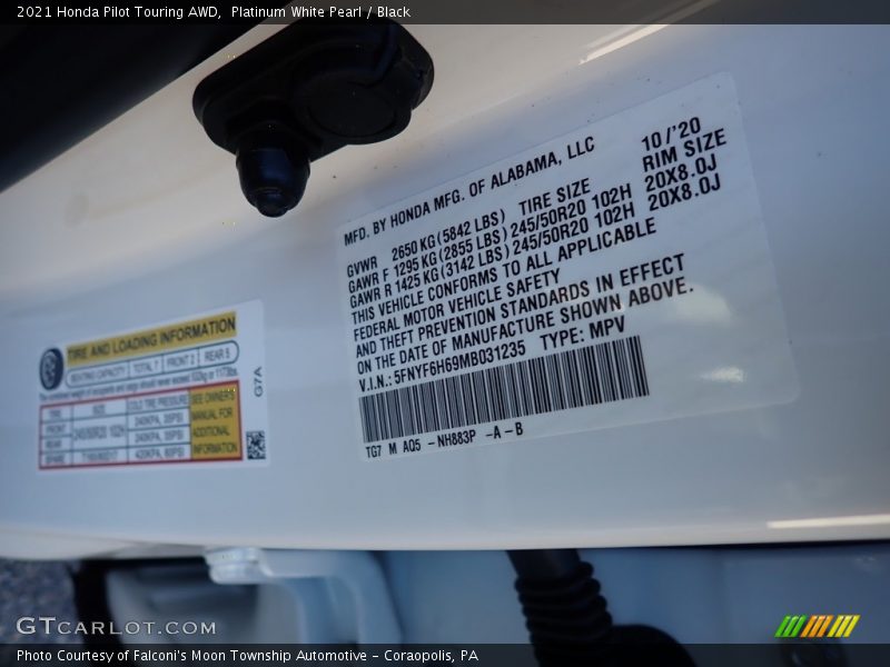 Platinum White Pearl / Black 2021 Honda Pilot Touring AWD