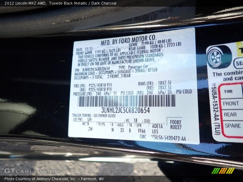 Tuxedo Black Metallic / Dark Charcoal 2012 Lincoln MKZ AWD