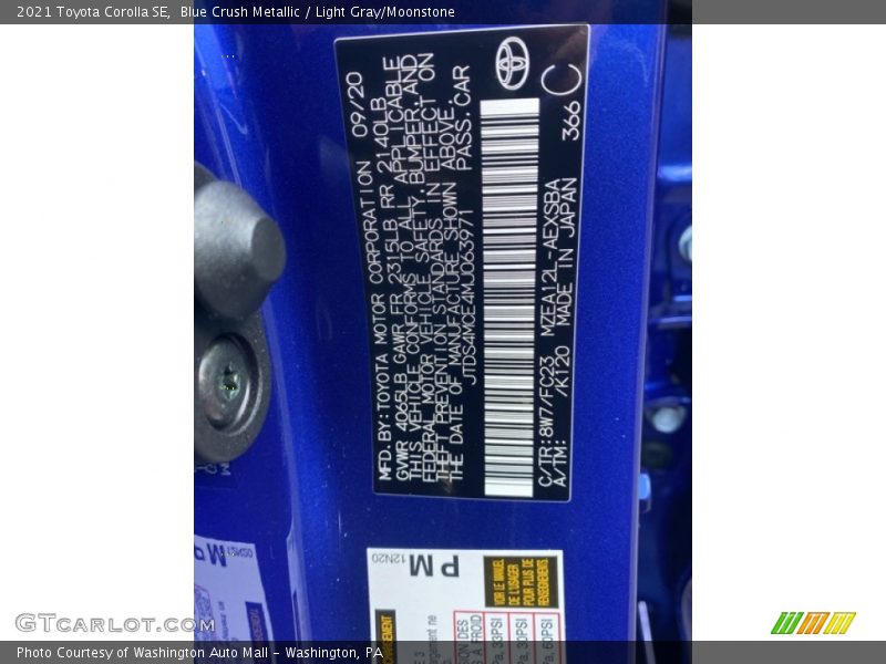 2021 Corolla SE Blue Crush Metallic Color Code 8W7