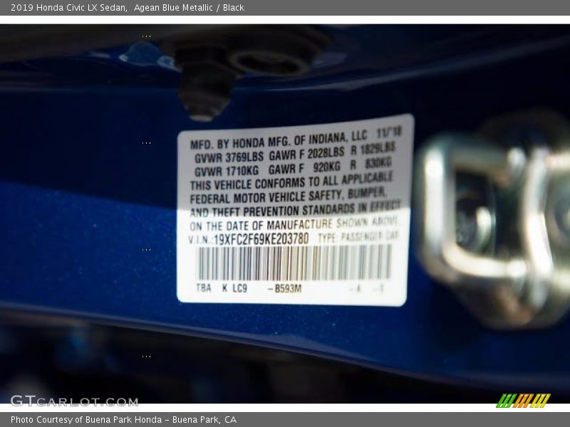Agean Blue Metallic / Black 2019 Honda Civic LX Sedan