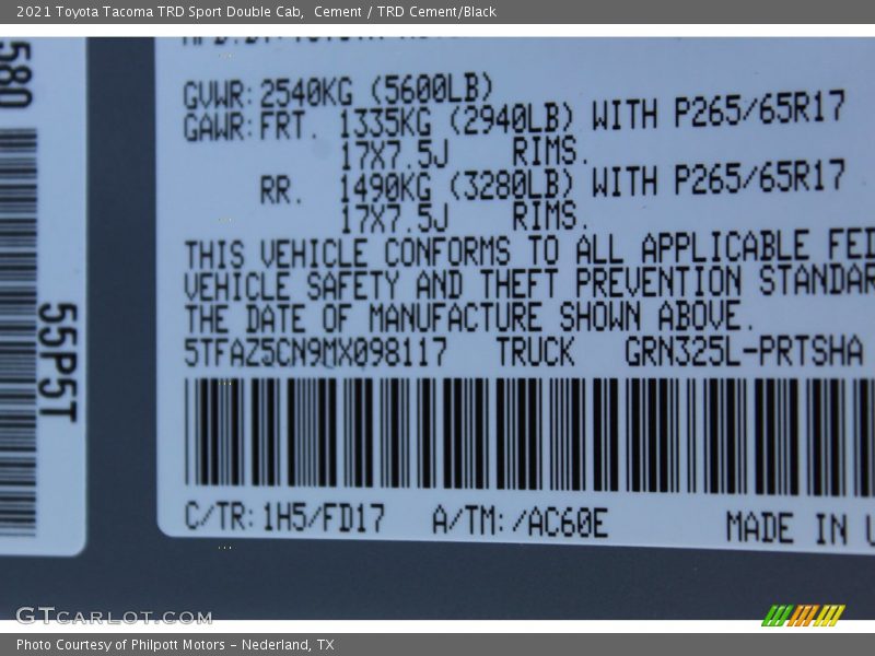 2021 Tacoma TRD Sport Double Cab Cement Color Code 1H5
