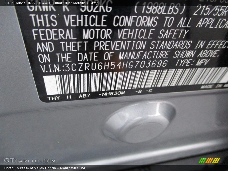 Lunar Silver Metallic / Gray 2017 Honda HR-V EX AWD