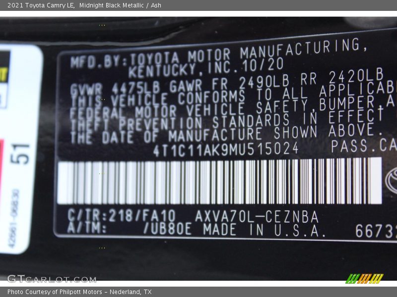 2021 Camry LE Midnight Black Metallic Color Code 218