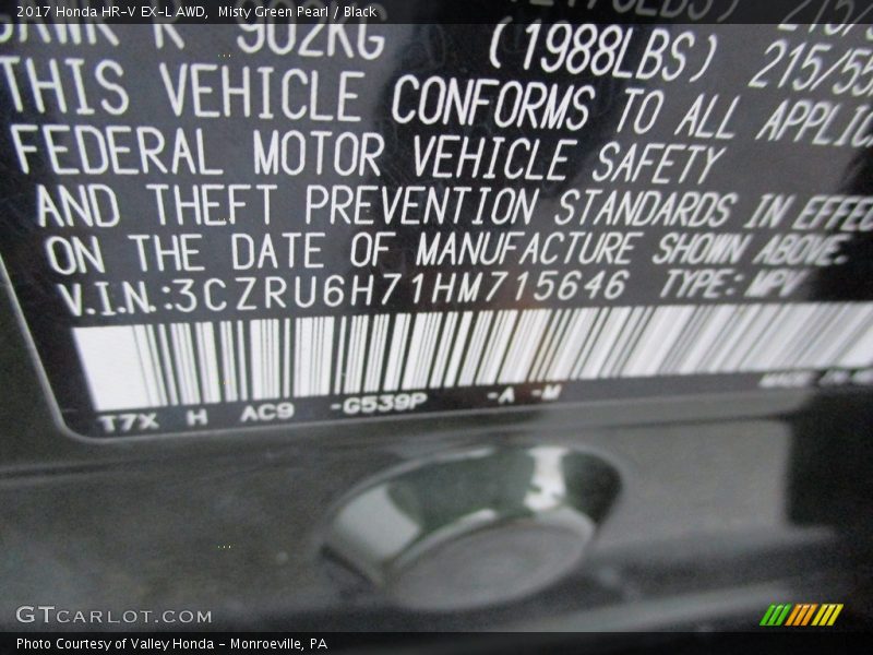 Misty Green Pearl / Black 2017 Honda HR-V EX-L AWD