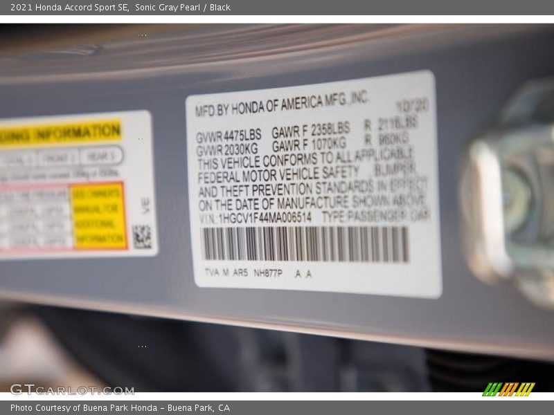 Sonic Gray Pearl / Black 2021 Honda Accord Sport SE